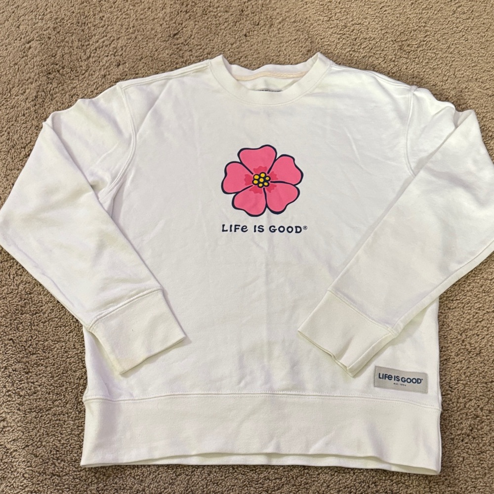 Life Is Good White Sweatshirt with Pink Flower